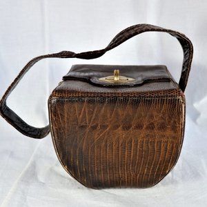 Vintage Top Opening Brown Lizard Skin Box Purse